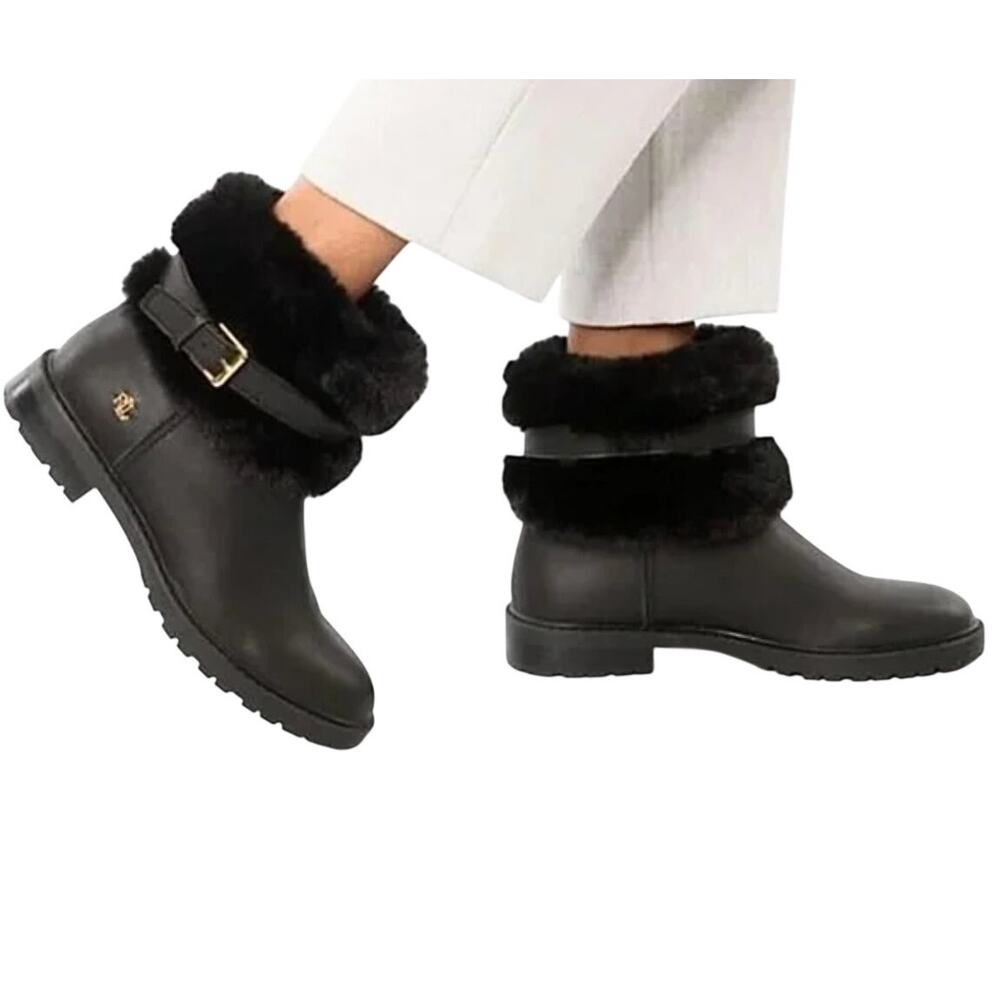 Ralph Lauren Evanston Waterproof Black Leather Winter Warm Fur Moto Boots 5 B